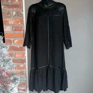 Sundance Nadine Drop Waist Lace Eyelet Midi Shift Dress Black Sz M